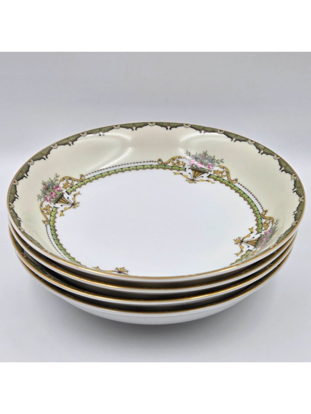 Noritake Penelope Set of 4 Coupe Soup Bowl Green Border Pink Roses Urn Gold Trim - Picture 2 of 4